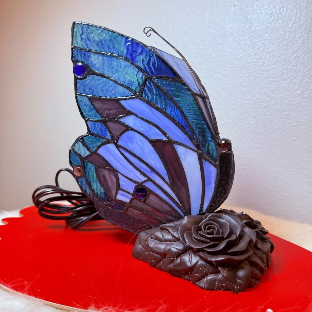 Tiffany Style Stained Glass Blue Butterfly Accent Lamp Rose‎ Floral Base - Picture 5 of 9
